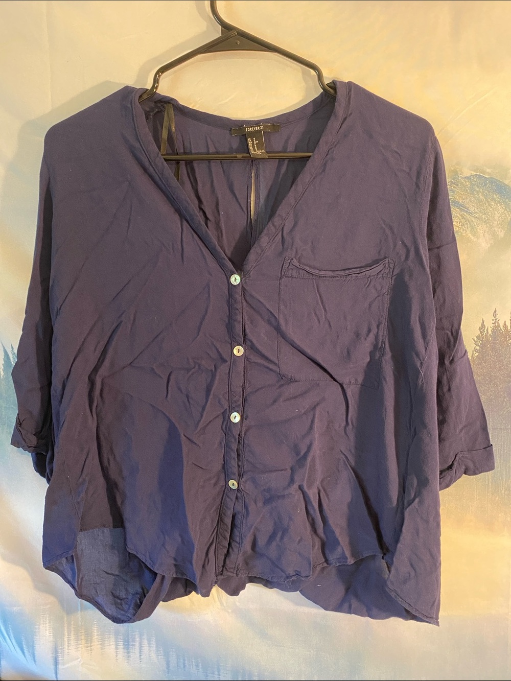 Forever21 Navy Button-Front V-Neck Shirt